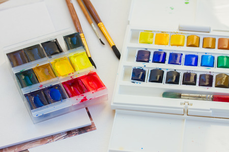 set of watercolor paints with brushesの写真素材