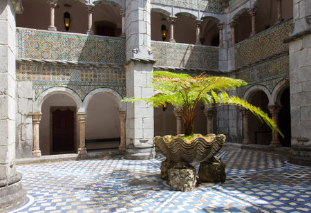 SINTRA, PORTUGAL - JULY 20  Palacio Pena inner yard patio,  Sintra, Portugal at 20th July, 2014. The palace is a UNESCO World Heritage Site and one of the Seven Wonders of Portugal.のeditorial素材