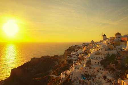 windmill of Oia at sunset in Santoriniの写真素材