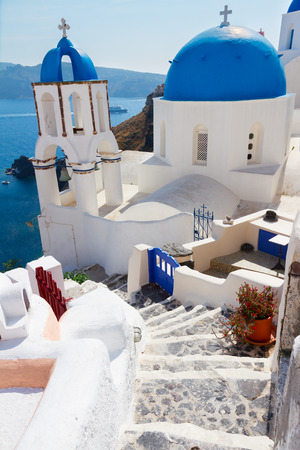 view of caldera with stairs and church, Santoriniの写真素材