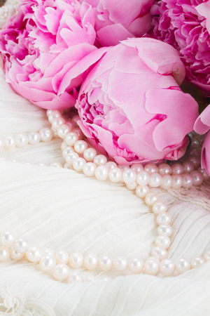 pink a  peony on laceの写真素材