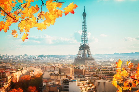 eiffel tour and Paris cityscape in sunny autumn day, France, retro tonedの写真素材