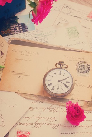 vintage letter  with copy space and old clock, retro tonedの写真素材
