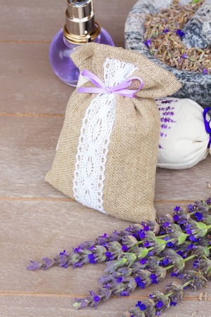 Lavender fresh flowers and dry in pouchの写真素材