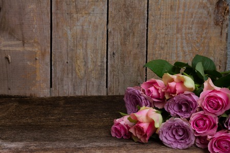 pink and violet  fresh roses on wooden backgroundの写真素材