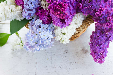 Bunch of fresh lilac colorful flowers in basket close upの写真素材
