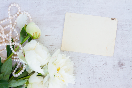 White fresh peony flowers vintage flat lay scaneの写真素材