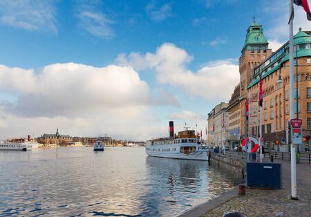 historical waterfront Nybroplan and ships of Stockholm, Swedenの写真素材