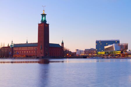 waterfornt of Stockholm with city hall at night, Swedenの写真素材