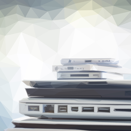Low poly illustration pile of electronical devices on gray bakcground - technology conceptのイラスト素材