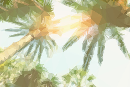Low poly illustration tropical palm trees and sunshine on sky background, retro tonedのイラスト素材