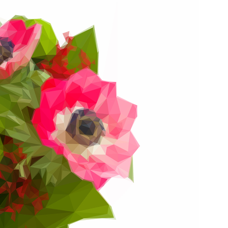 Low poly illustration red anemone with green leavesのイラスト素材