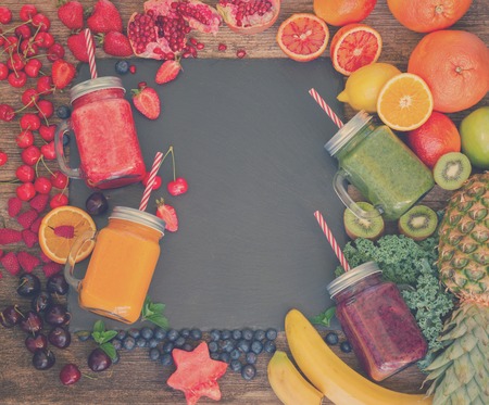 Fresh smoothy drink with igredients frame with copy space, retro tonedの写真素材