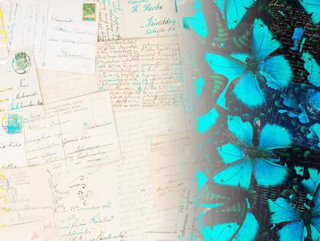 old postcard with blue morpho butterflies backgroundの写真素材