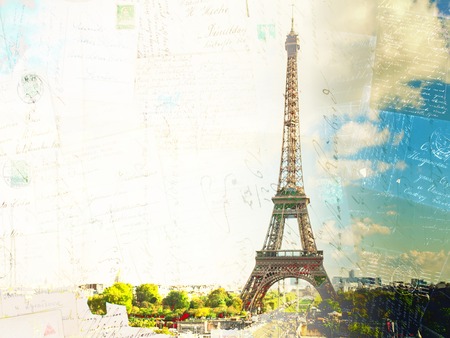 Vintage postcard of Eiffel Tower and Paris skyline in summer sunny day, Franceの写真素材