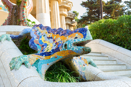famous Gaudi mosaic lizard in park Guell, Barcelona, Spainの写真素材