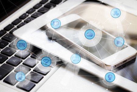 Modern devices and and wireless communication network, IoT Internet of Things and ICT Information Communication Technology conceptの写真素材