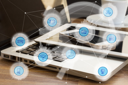 Modern devices and and wireless communication network, IoT Internet of Things and ICT Information Communication Technology conceptの写真素材