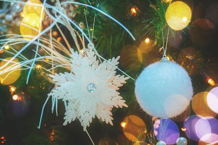 christmas tree with holiday decorations close up, retro tonedの写真素材