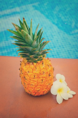 Raw whole yellow pineapple with flowers and tiled pool, retro tonedの写真素材