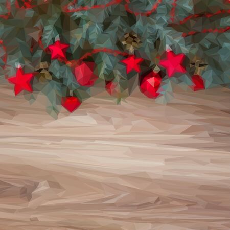 Low poly illustration decorated fir tree border on wooden backgroundのイラスト素材