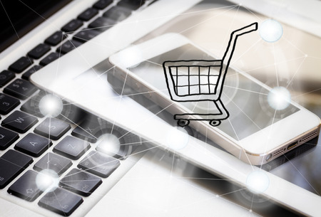 pile of gudgets with IOT net and shop cart iconの写真素材