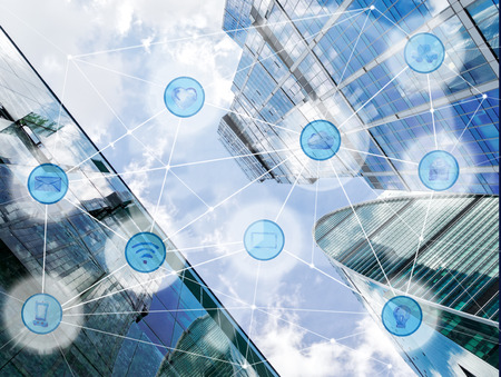 modern city and wireless communication network, IoT Internet of Things and ICT Information...