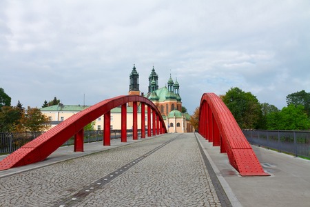 Jordan Bridge and old cathedral church , Poznan, Polandの写真素材