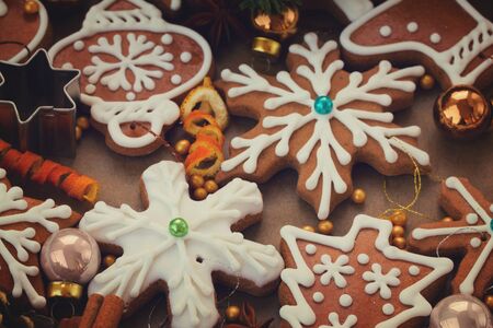 christmas gingerbread cookies with christmas decorations - christmas food background, retro tonedの写真素材