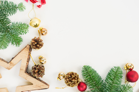 Christmas flat lay styled scene with evergreen tree twigs and copy spaceの写真素材