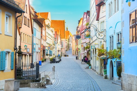 street with half-timbered houses of Rothenburg ob der Tauber, Germanyの写真素材