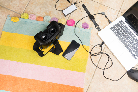 Gudgets with vr virtual reality glasses flat lay sceneの写真素材