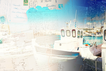 Vintage postcard of Heraklion old venetian harbour with colorful boats, Crete, Greece, retro tonedの写真素材