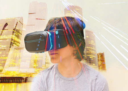 Teenager wearing VR glasses close up in virtual realty, double eaposure