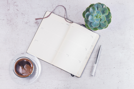 Open empty notebook on white wooden table with cup of coffee and succulent flowerの写真素材