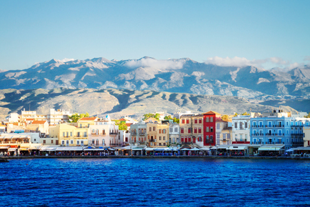 venetian habour of Chania at sunny day, Crete, Greece, tonedの写真素材