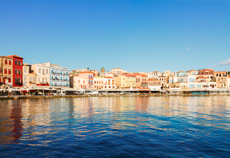 venetian marina of Chania old town at sunny day, Crete, Greeceの写真素材