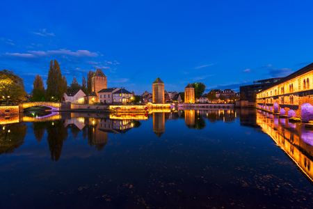 medieval bridge Ponts Couverts and barrage Vauban, night scene of Strasbourg, Franceの写真素材