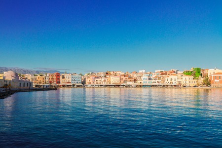 waterfront of Chania bay at sunny day, Crete island, Greeceの写真素材