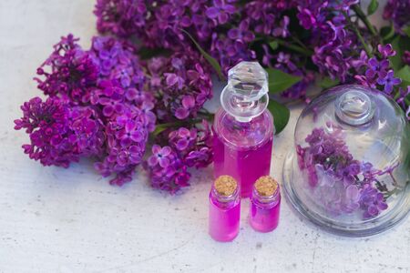 Lilac essence in glass vials and rwig with fresh lilac flowersの写真素材