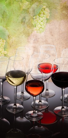 Wine tasting in wine yard, set of glasses with red, white and rose wine close up, grapevine in backgroundの写真素材