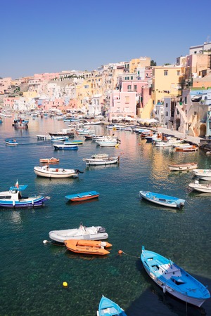 Procida island colorful town with harbor, Italyの写真素材