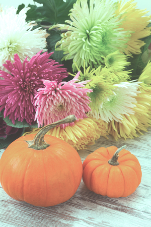 pile of orange pumpkins with fall flowers on white wooden table, retro tonedの写真素材