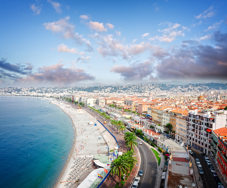 cityscape of Nice with beach and sea from above at sunrise, cote dAzur, France, retro tonedの写真素材