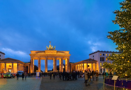 Bradenburg Gate with Christmas tree at night, Berlin Germanyの写真素材