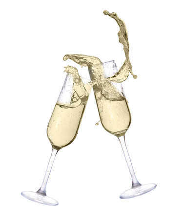 Two festive champagne glasses with splash isolated on white backgroundの写真素材