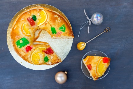 Roscon de Reyes traditional spanish cake for Epiphany festivites, top viewの写真素材
