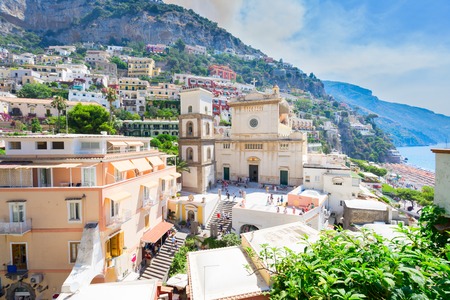 Church of Santa Maria Assunta and city of Positano - famous old italian resort, Italyの写真素材