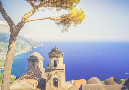 Church belltowers in Ravello village, Amalfi coast of Italy, retro toned