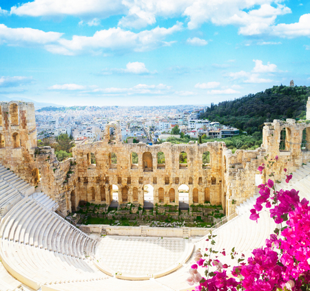 cup of Herodes Atticus amphitheater of Acropolis, Athens, Greece with flowersの写真素材